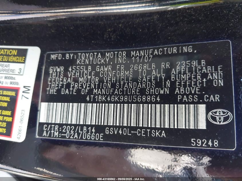 2008 Toyota Camry Se V6 VIN: 4T1BK46K98U568864 Lot: 43165562