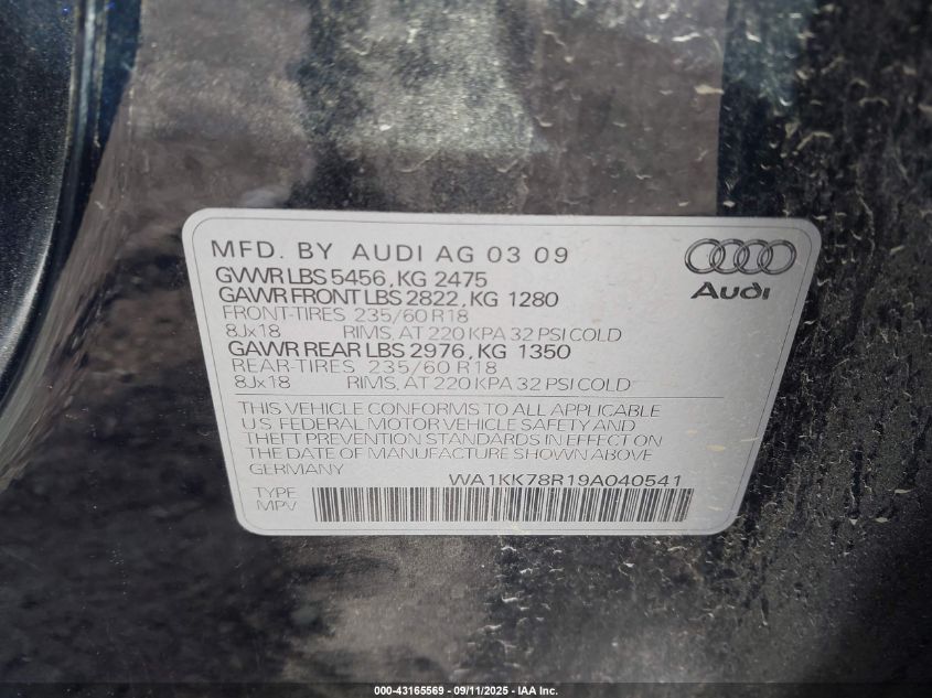 2009 Audi Q5 3.2 Premium VIN: WA1KK78R19A040541 Lot: 43165569
