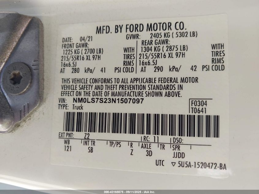 2022 Ford Transit Connect Xl VIN: NM0LS7S23N1507097 Lot: 43165575