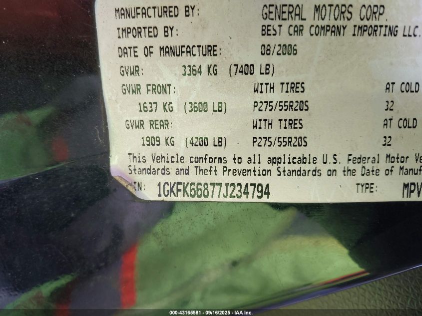 2007 GMC Yukon Xl 1500 Denali VIN: 1GKFK66877J234794 Lot: 43165581