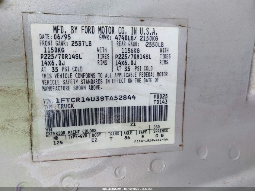 1995 Ford Ranger Super Cab VIN: 1FTCR14U3STA52844 Lot: 43165591