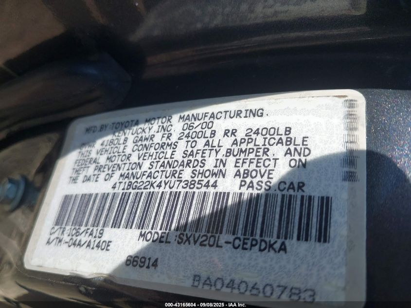 2000 Toyota Camry VIN: 4T1BG22K4YU738544 Lot: 43165604