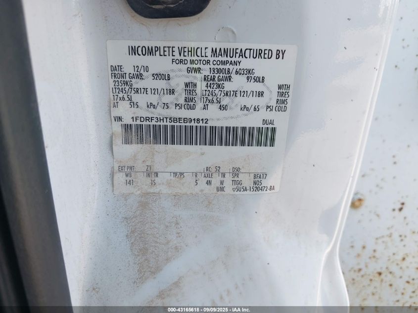 2011 Ford F-350 Chassis Xl VIN: 1FDRF3HT5BEB91812 Lot: 43165618