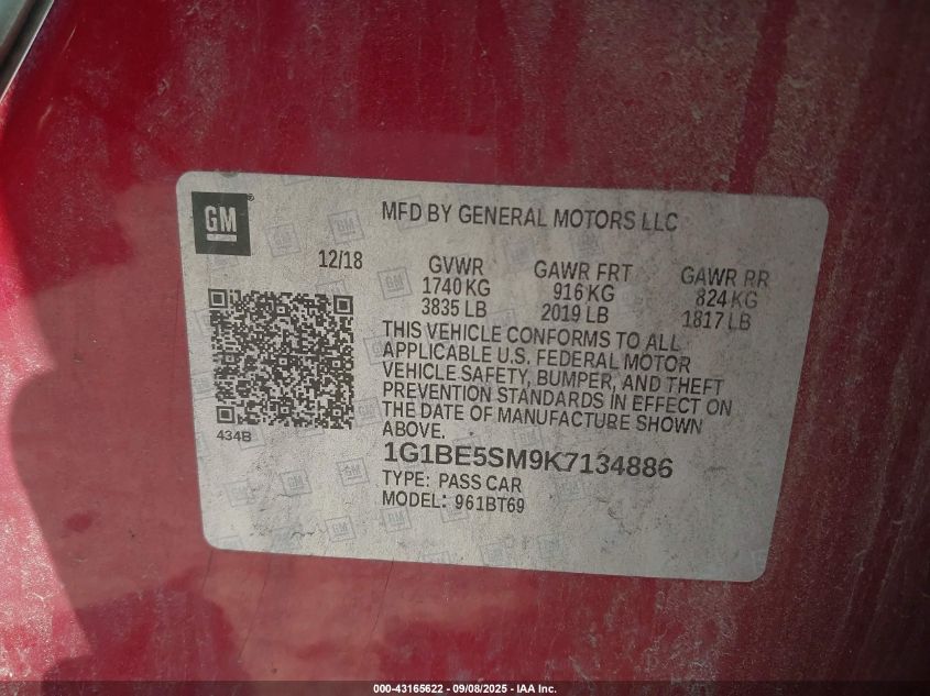 2019 Chevrolet Cruze Lt VIN: 1G1BE5SM9K7134886 Lot: 43165622