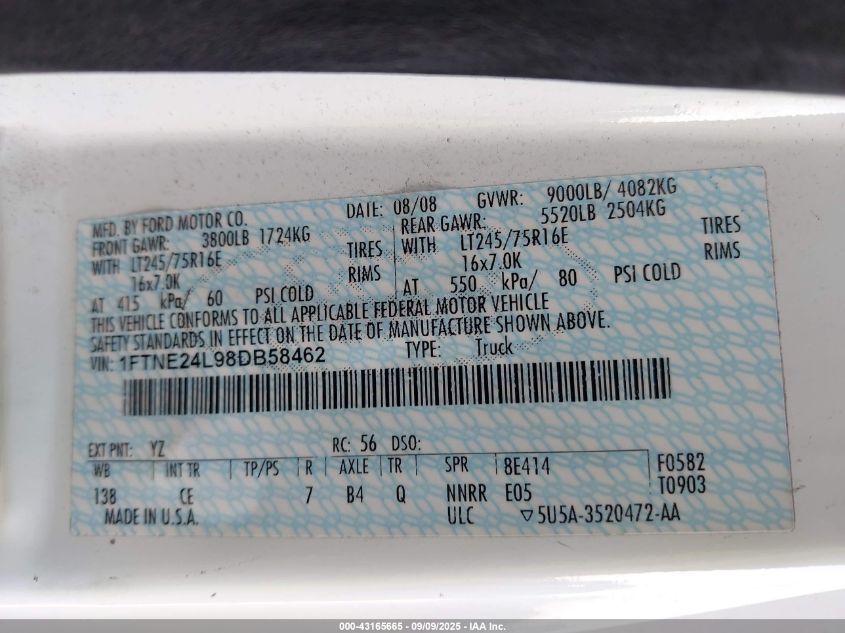 2008 Ford E-250 Commercial/Recreational VIN: 1FTNE24L98DB58462 Lot: 43165665