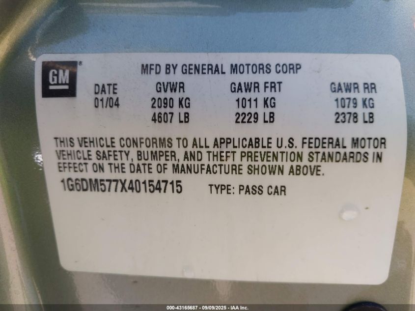 2004 Cadillac Cts Standard VIN: 1G6DM577X40154715 Lot: 43165687