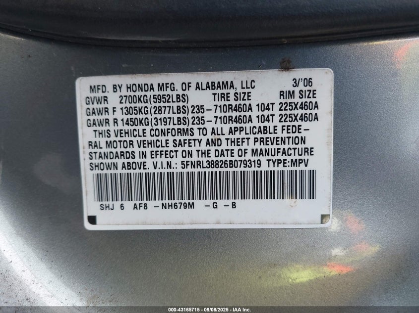 2006 Honda Odyssey Touring VIN: 5FNRL38826B079319 Lot: 43165715