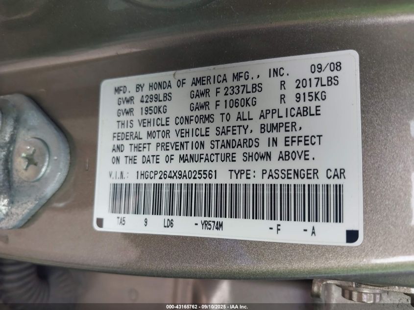 2009 Honda Accord 2.4 Lx-P VIN: 1HGCP264X9A025561 Lot: 43165762