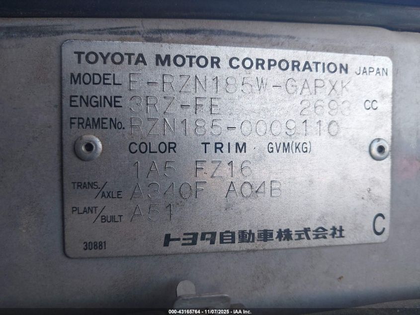 1996 Toyota 4Runner VIN: RZN1850009110 Lot: 43165764