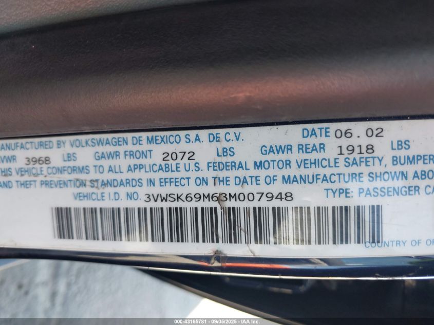 2003 Volkswagen Jetta Gls 2.0L VIN: 3VWSK69M63M007948 Lot: 43165781