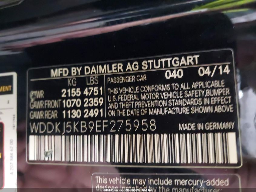 2014 Mercedes-Benz E 350 VIN: WDDKJ5KB9EF275958 Lot: 43165795