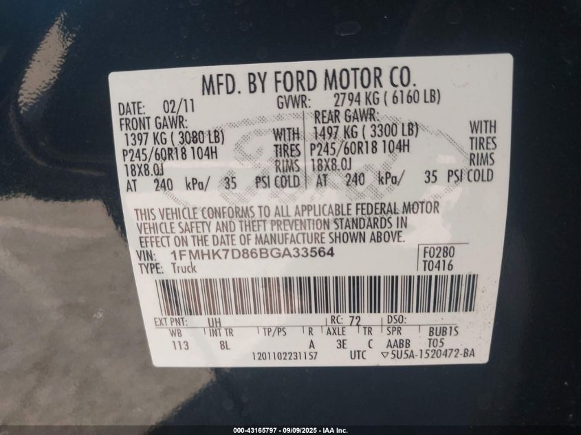 2011 Ford Explorer Xlt VIN: 1FMHK7D86BGA33564 Lot: 43165797