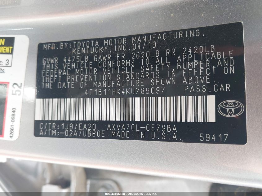 2019 Toyota Camry Se VIN: 4T1B11HK4KU789097 Lot: 43165828