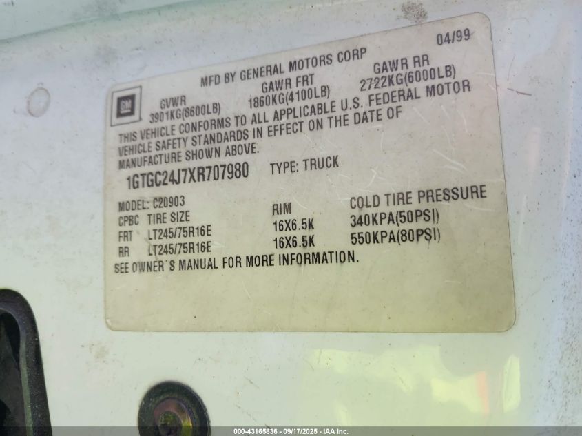 1999 GMC Sierra 2500 Sl VIN: 1GTGC24J7XR707980 Lot: 43165836