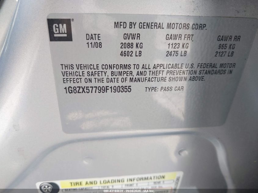 2009 Saturn Aura Xr VIN: 1G8ZX57799F190355 Lot: 43165839