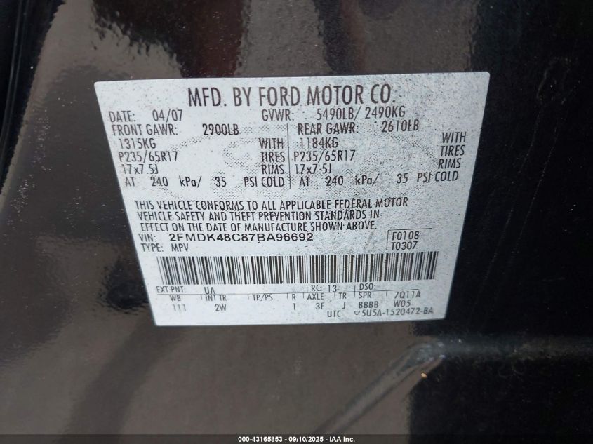 2007 Ford Edge Sel VIN: 2FMDK48C87BA96692 Lot: 43165853