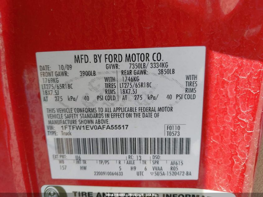 2010 Ford F-150 Fx4/Harley-Davidson/King Ranch/Lariat/Platinum/Xl/Xlt VIN: 1FTFW1EV0AFA55517 Lot: 43165858