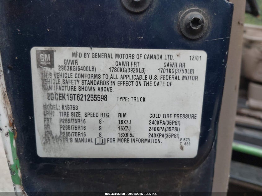 2002 Chevrolet Silverado 1500 Lt VIN: 2GCEK19T621255598 Lot: 43165860