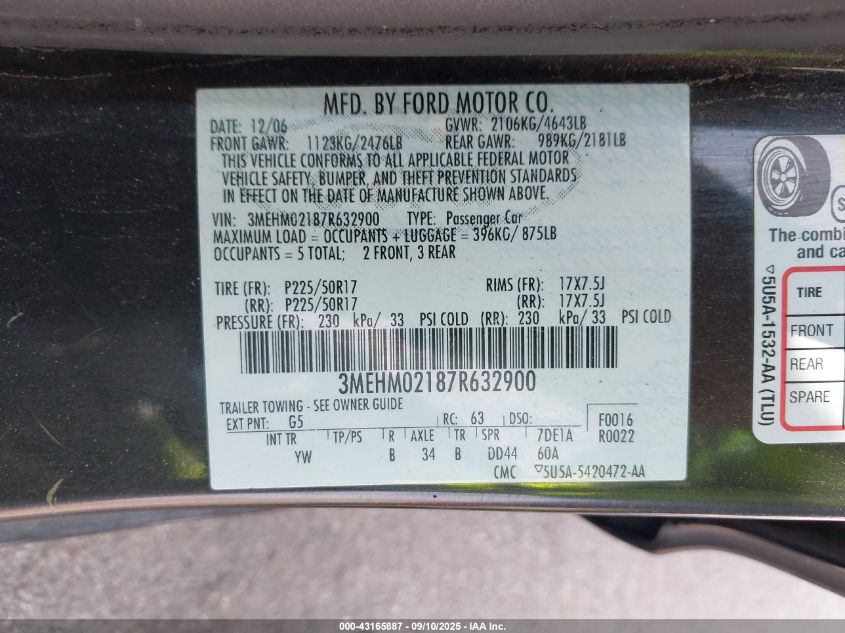 2007 Mercury Milan Premier VIN: 3MEHM02187R632900 Lot: 43165887