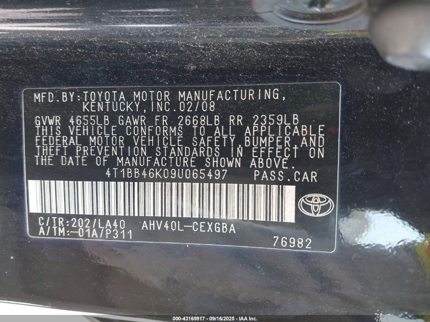 2009 Toyota Camry Hybrid VIN: 4T1BB46K09U065497 Lot: 43165917