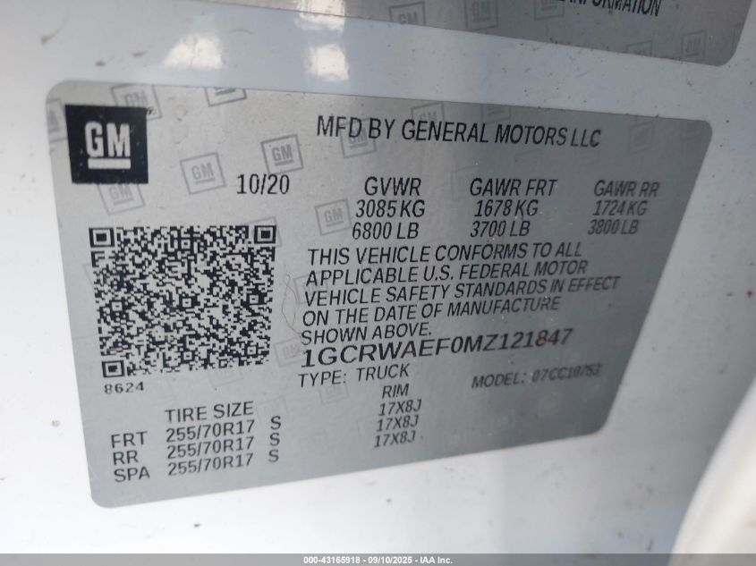 2021 Chevrolet Silverado 1500 2Wd Standard Bed Wt VIN: 1GCRWAEF0MZ121847 Lot: 43165918