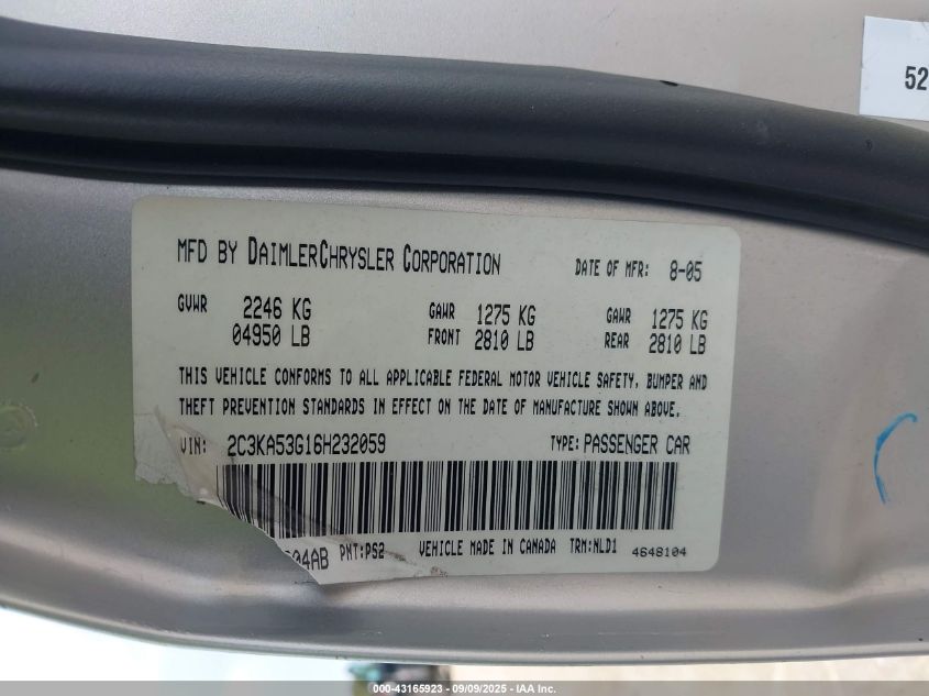 2006 Chrysler 300 Touring VIN: 2C3KA53G16H232059 Lot: 43165923