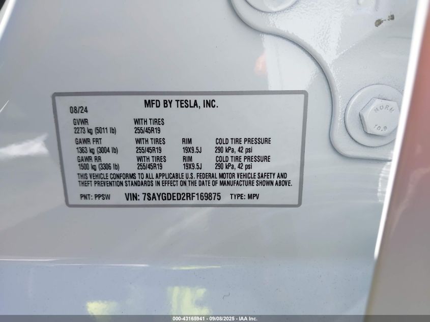 2024 Tesla Model Y Long Range Dual Motor All-Wheel Drive/Rwd VIN: 7SAYGDED2RF169875 Lot: 43165941