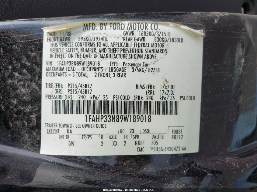 2009 Ford Focus Ses VIN: 1FAHP33N89W189018 Lot: 43165962