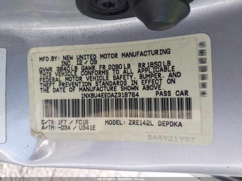 2010 Toyota Corolla Le VIN: 1NXBU4EE0AZ318764 Lot: 43166013