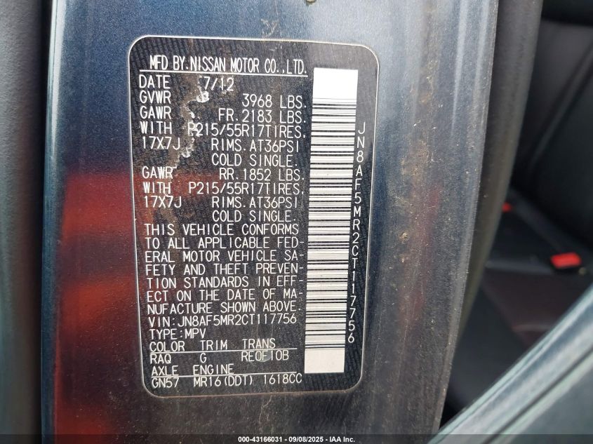 2012 Nissan Juke S/Sv/Sl VIN: JN8AF5MR2C111775 Lot: 43166031