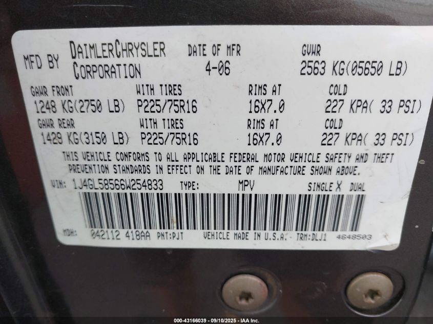 2006 Jeep Liberty Limited Edition VIN: 1J4GL58566W254833 Lot: 43166039