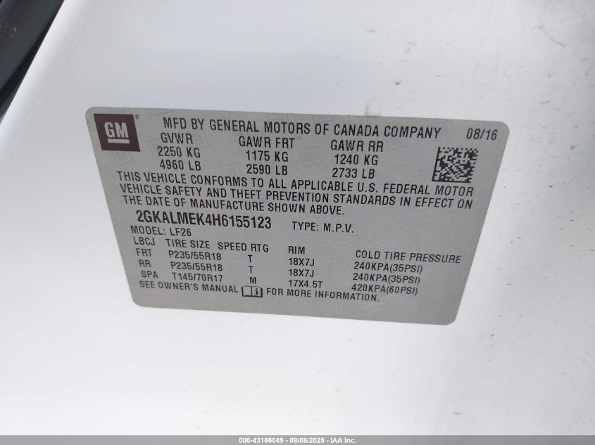 2017 GMC Terrain Sle-1 VIN: 2GKALMEK4H6155123 Lot: 43166049