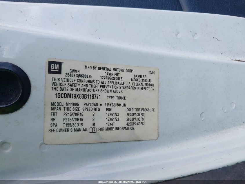 2003 Chevrolet Astro VIN: 1GCDM19X83B118771 Lot: 43166065