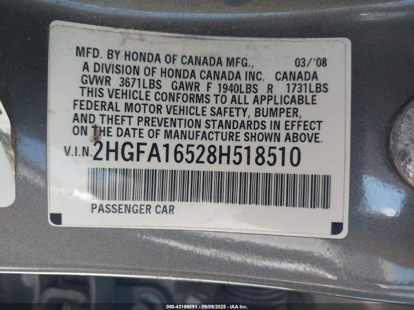 2008 Honda Civic Lx VIN: 2HGFA16528H518510 Lot: 43166091