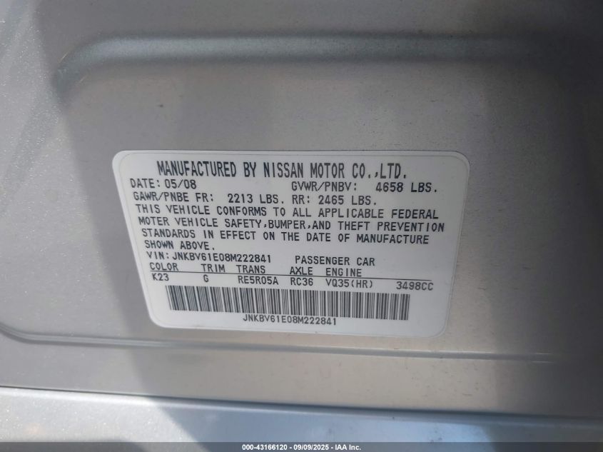2008 Infiniti G35 VIN: JNKBV61E08M222841 Lot: 43166120