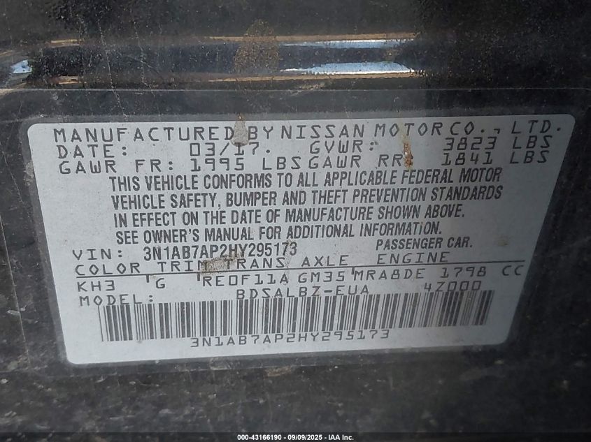 2017 Nissan Sentra S VIN: 3N1AB7AP2HY295173 Lot: 43166190