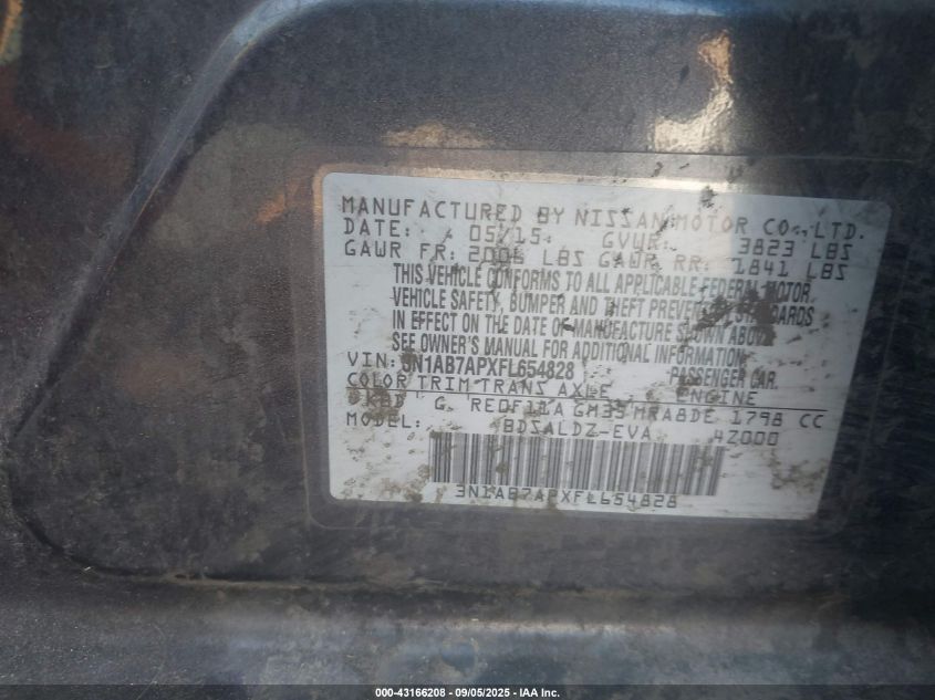 2015 Nissan Sentra Fe+ S/S/Sl/Sr/Sv VIN: 3N1AB7APXFL654828 Lot: 43166208