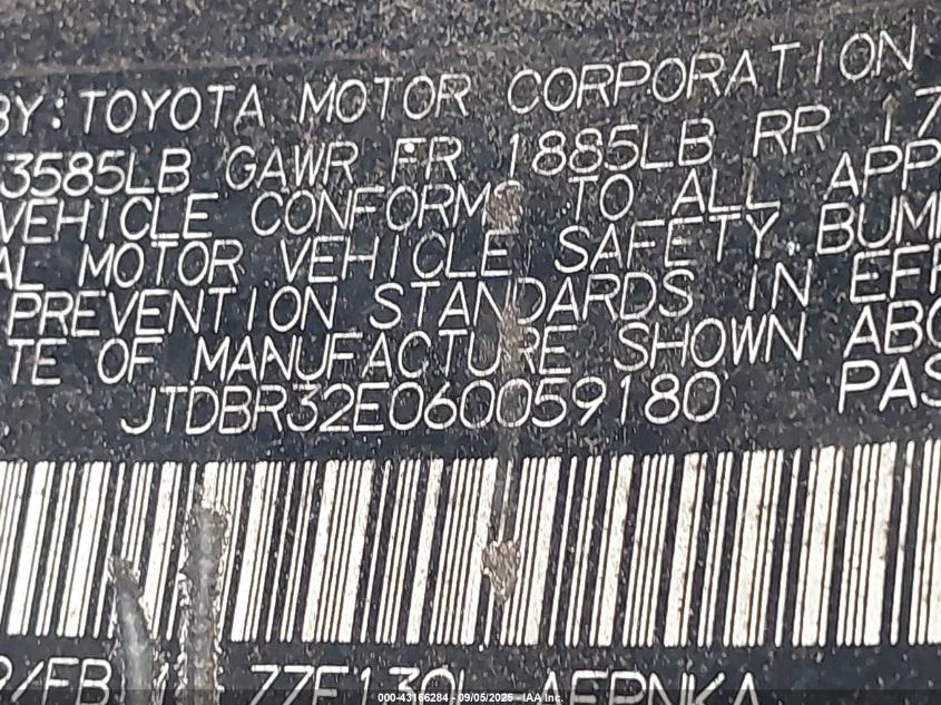 2006 Toyota Corolla Le VIN: JTDBR32E060059180 Lot: 43166284