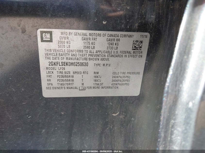 2017 GMC Terrain Sle-1 VIN: 2GKFLSEK0H6250630 Lot: 43166304