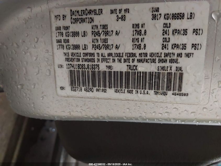 2003 Dodge Ram 1500 St/Slt VIN: 1D7HU18D83J616375 Lot: 43166332