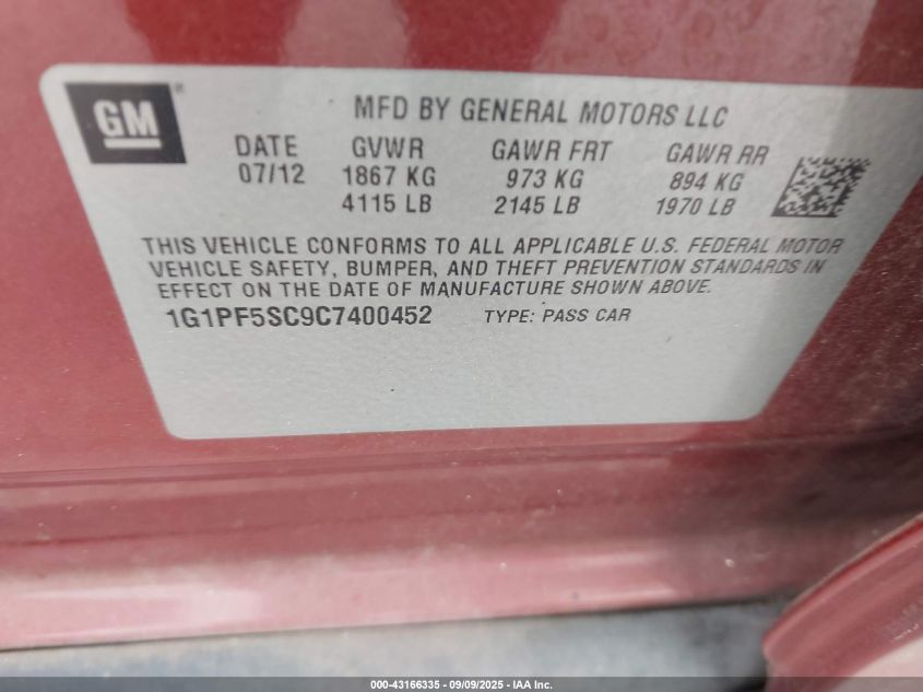 2012 Chevrolet Cruze 1Lt VIN: 1G1PF5SC9C7400452 Lot: 43166335