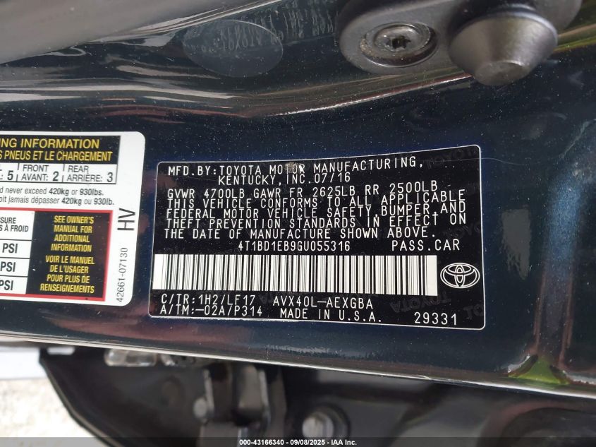 2016 Toyota Avalon Hybrid Xle VIN: 4T1BD1EB9GU055316 Lot: 43166340