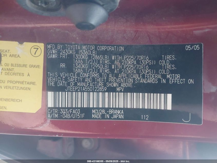 2005 Toyota Highlander V6 VIN: JTEEP21A550122859 Lot: 43166355