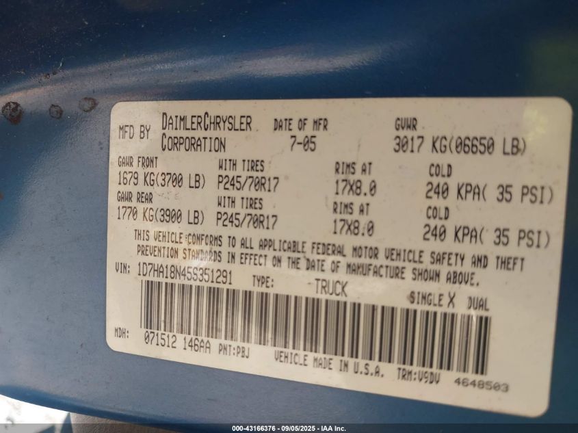 2005 Dodge Ram 1500 Slt/Laramie VIN: 1D7HA18N45S351291 Lot: 43166376