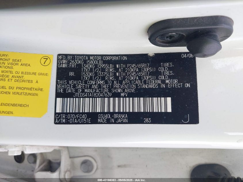 2008 Toyota Highlander VIN: JTEDS41A182047639 Lot: 43166383