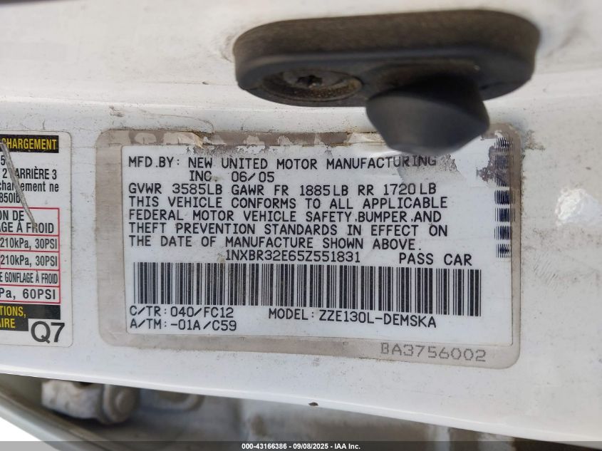 2005 Toyota Corolla S VIN: 1NXBR32E65Z551831 Lot: 43166386