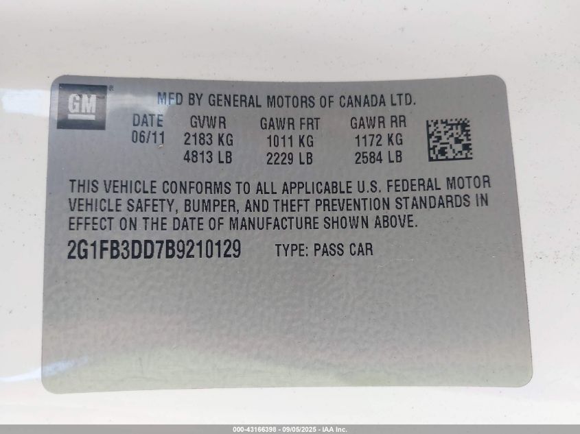 2011 Chevrolet Camaro 1Lt VIN: 2G1FB3DD7B9210129 Lot: 43166398