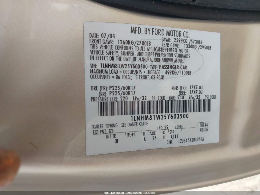 2005 Lincoln Town Car Signature VIN: 1LNHM81W25Y603500 Lot: 43166400