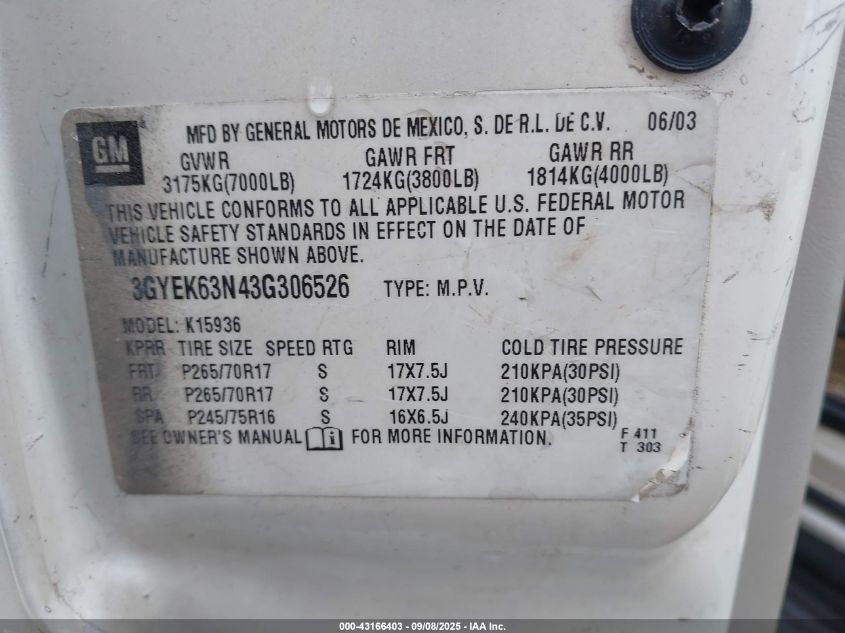 2003 Cadillac Escalade Ext Standard VIN: 3GYEK63N43G306526 Lot: 43166403