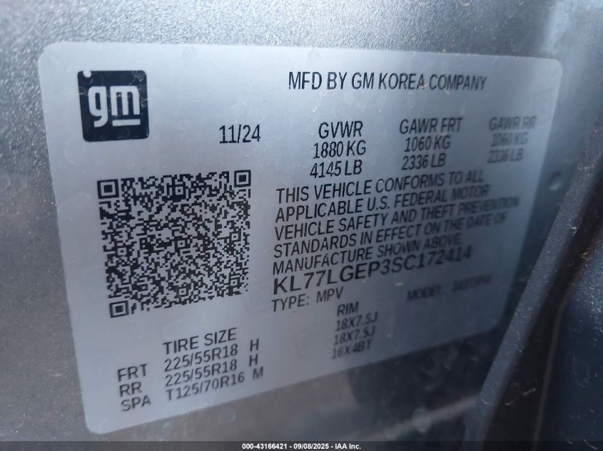 2025 Chevrolet Trax Fwd 1Rs VIN: KL77LGEP3SC172414 Lot: 43166421